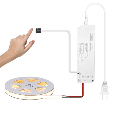 LETARON COB LED Strip Light 24V LED Tape Light, 480 pcs/M LEDs, Super Bright High Lumen 3000K Warm White 5m, Dimmable avec du ruban adhésif 5M, 60W UL Power Supply, Touch SWITH pour chambre à coucher, maison, cuisine bricolage