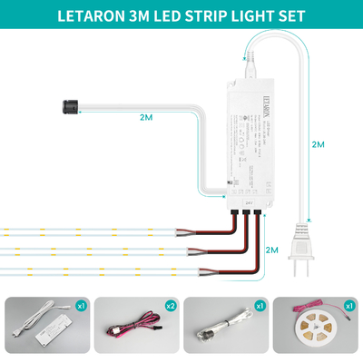 LETARON COB LED Strip Light 24V LED Tape Light, 480 pcs/M LED, Super Bright High Lumen 6000K Blanc 3m, Dimmable avec du ruban adhésif 3M, 30W UL Power Supply, Touche à la lumière pour la chambre, la maison, la cuisine DIY